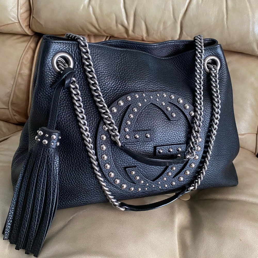 Gucci XL Soho Disco Pebbled Leather Tote Silver Studded Tassel